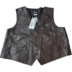 KS Genuine Leather Vest Mens 3XL Brown Button Front‎ Biker Waistcoat NWT